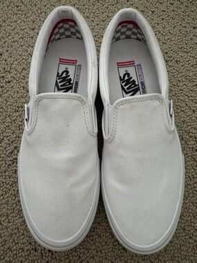Vans PopCush Skateboarding True White Skate Slip-On Shoes ~ Men 8.5 / Women 10